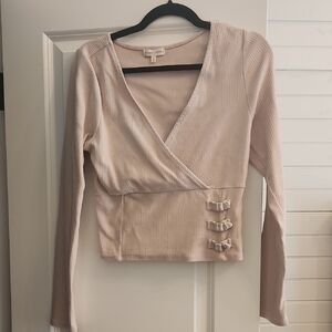 Gilded Intent Blush Ribbed Wrap Blouse